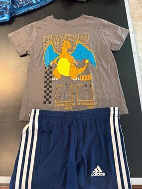 Pokémon Kids SS TEE SHIRT AND ADIDAS BLUE AND WHITE AEROREADY SHORTS NWT